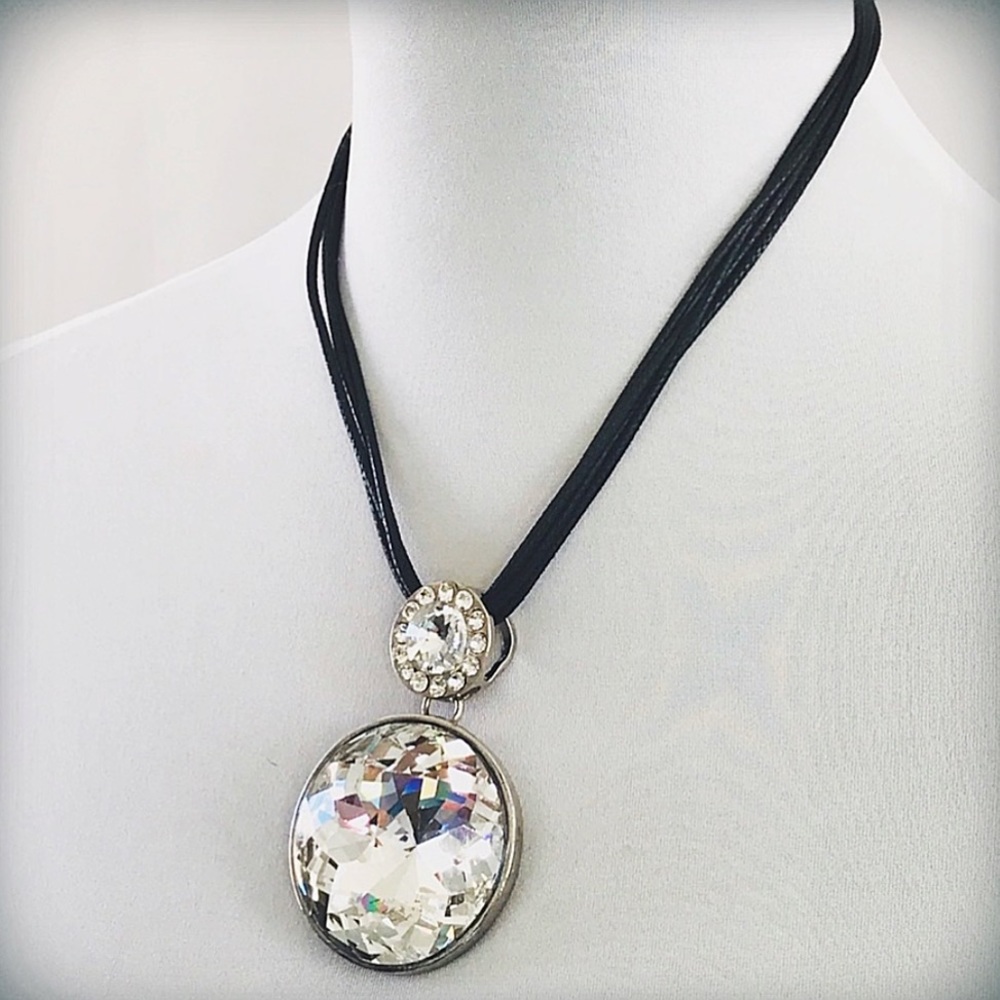 Large Double Crystal Pendant leather Cord Statement Necklace